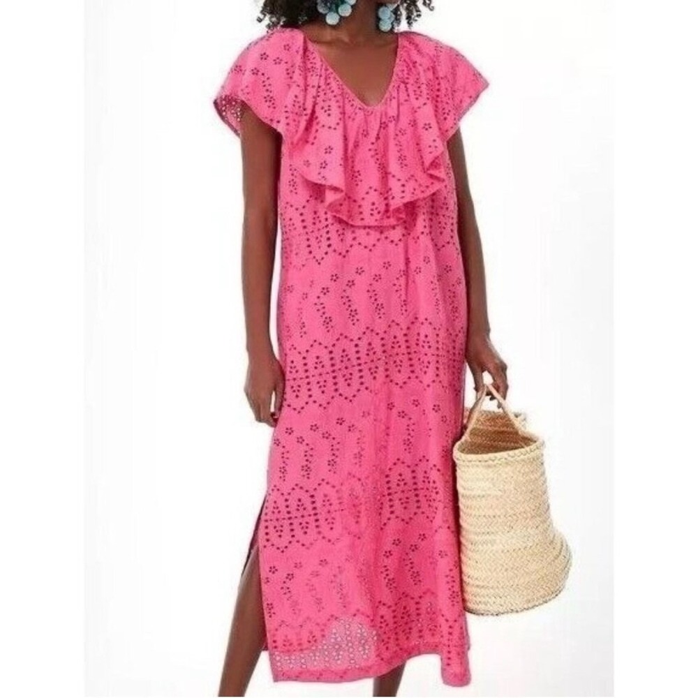 Tucker Nuck Pink Eyelet Ruffle V-Neck Midi Dress Kaftan Womens Small Cotton